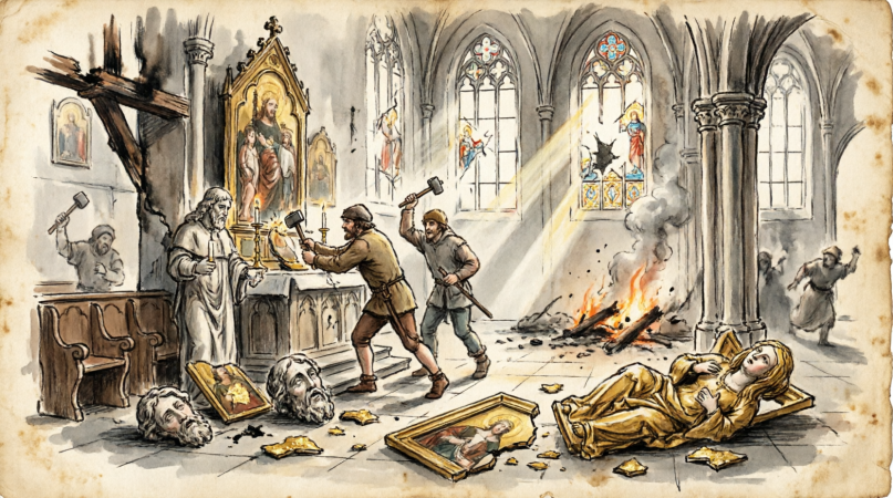 Beeldenstorm: woedende menigte die kerkschatten breekt