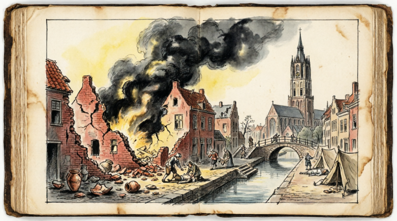 Enorme rookwolk en vuur over de verwoeste huizen in Delft