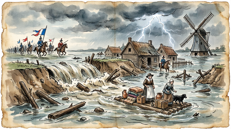 Mensen vluchten voor het woeste water tijdens het Rampjaar