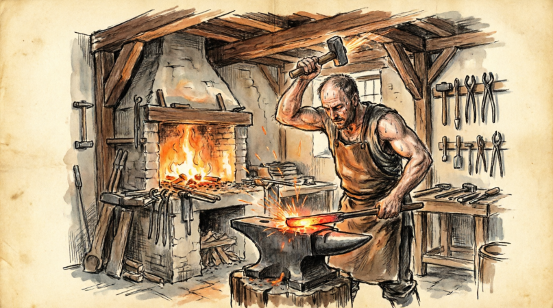 Smid aan het werk in zijn werkplaats