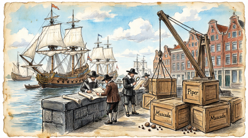 Kooplieden en schepen aan de Amsterdamse haven voor de VOC