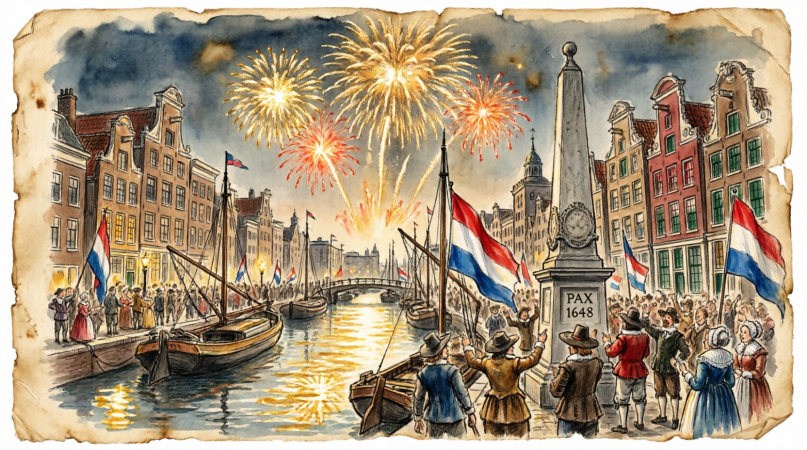 Groots vuurwerk boven Amsterdam voor de vrede van Münster